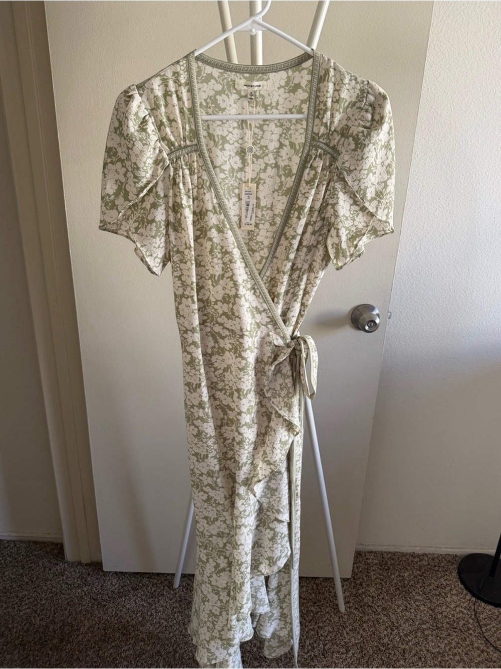 Max Studio Sage Green Floral Wrap Midi Dress